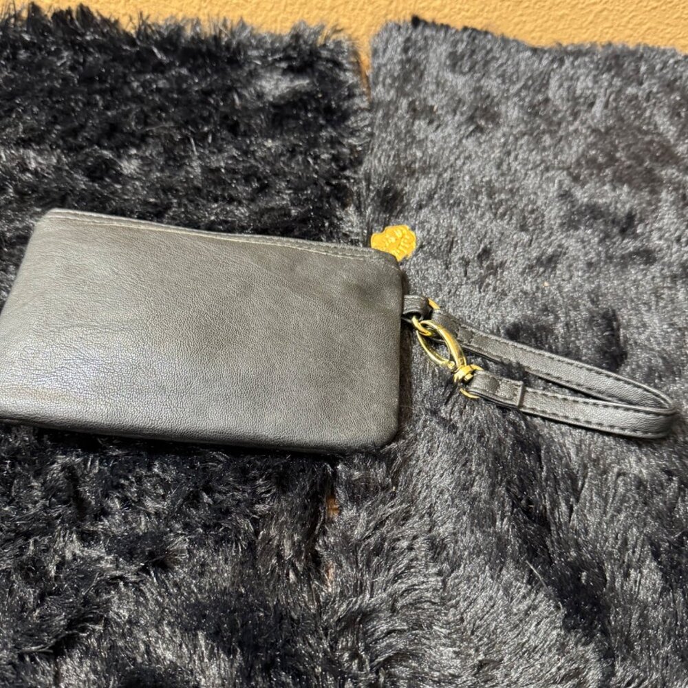 Luv Betsey Small Black Faux Leather Wristlet With Gold-Tone Lips Charm